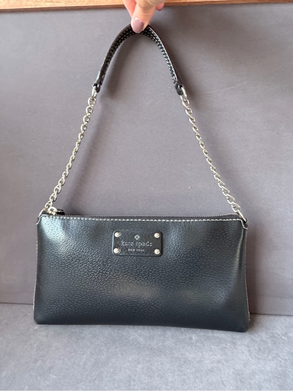 Kate Spade Y2K Black Leather Reverse Stitch Silver Chain-Handle Going Out Bag
